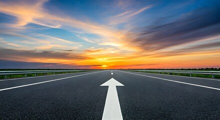 Asphalt road and sky with clouds at sunset, panoramic view