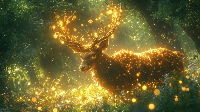 Enchanted forest deer with golden light