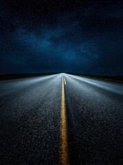 A mesmerizing view of an empty road stretching towards a starry sky, evoking feelings of solitude and adventure under the vastness of the night.