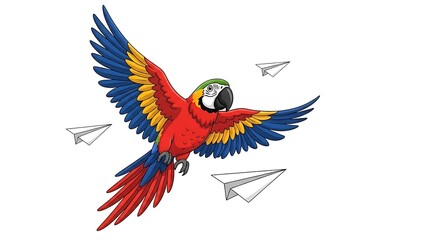 A vibrant macaw soars amidst a flurry of paper airplanes against a stark white background art