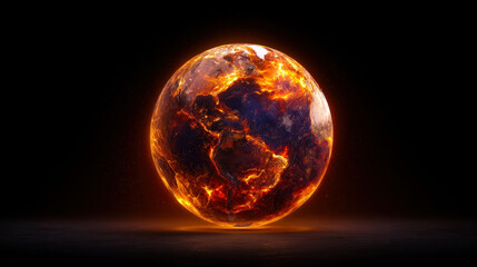 Fototapeta premium This captivating image portrays a fiery Earth, illuminated against a dark backdrop, symbolizing both destruction and rebirth in the face of climate change and natural evolution.
