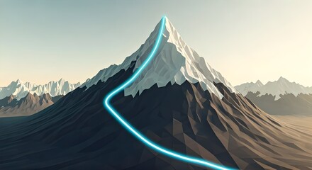 low poly mountain landscape with blue neon sign 3d render illustration background