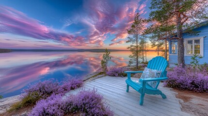 A seaside chair at sunset overlooking the ocean and its marine inhabitants