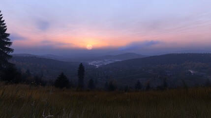 Obraz premium Serene sunrise over a valley, mist-shrouded hills, and a village nestled among evergreen trees. Golden hour light paints the sky