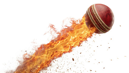 Red cricket ball trailing orange fire and white smoke on black background A I G E N E R A T E D - P N G isolated on a transparent background