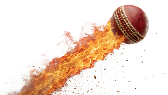 Red cricket ball trailing orange fire and white smoke on black background A I G E N E R A T E D - P N G isolated on a transparent background
