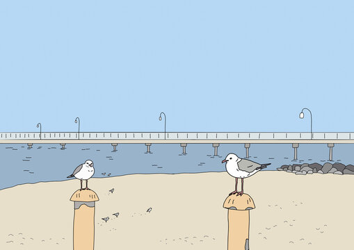 Two seagulls perched on posts at beach with blue sky, water and jetty in background