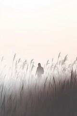 Obraz premium Silhouette Of Person Walking Through Tall Grass In A Foggy Field
