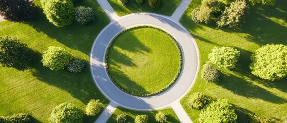 Aerial View of Circular Park with Green Grass and Trees in Sunshine