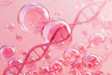Filming a pink background and DNA spiral structure and water droplets. Generative AI

