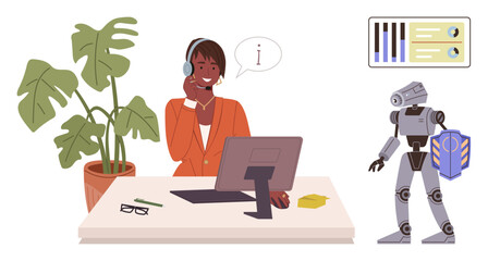 Customer service agent wearing headset at desk, communicating with AI robot. Desk items, computer, and plant visible. Ideal for technology, AI, teamwork, communication customer support automation