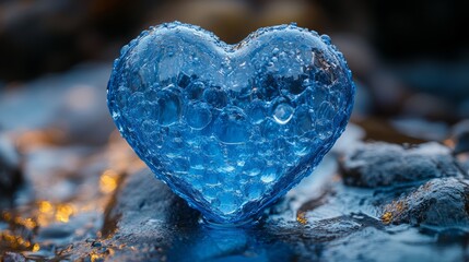A beautiful blue crystal heart glimmers on a smooth surface, embodying love at twilight