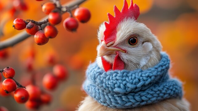 A fluffy chicken in a blue scarf is surrounded by red berries and autumn leaves