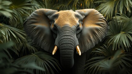 Obraz premium An elephant stands proudly amidst dense foliage, blending into its enchanting jungle surroundings with vibrant greenery