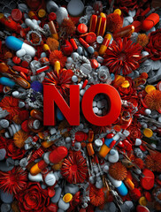 A vibrant assembly of pills, flowers, and objects culminates in a striking red "NO," symbolizing resistance against harmful substances and advocating for health and well-being.