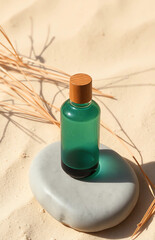 Transparent cosmetic bottle on smooth stone in sandy environment. Warm sunlight and dry foliage create a serene, eco-inspired setting for skincare or beauty branding.