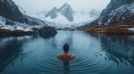 A person immerses in calm, reflective waters surrounded by breathtaking snow-capped peaks, evoking peace and solitude