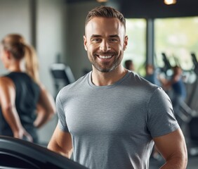 Obraz premium Smiling Man In Gray Shirt After Exercise At Fitness Center