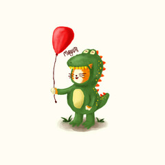 Cute little cat wearing dinosaur costume, vector illustration