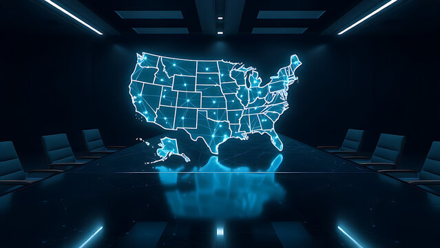 The National Strategy Table: A holographic map of the USA, woven from data streams, floats above a boardroom table, visualizing nationwide corporate reach and technological command.
