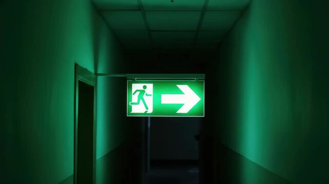 Illuminated emergency exit sign in dark hallway, green arrow pointing right