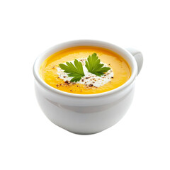 Creamy Pumpkin Soup in a White Mug, Garnish with Parsley and Cream
