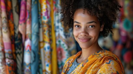 Fototapeta premium A vibrant portrait of a cheerful woman with curly hair wearing a colorful scarf stands against a backdrop of rich patterns, showcasing her joy and personal style in a creative setting.