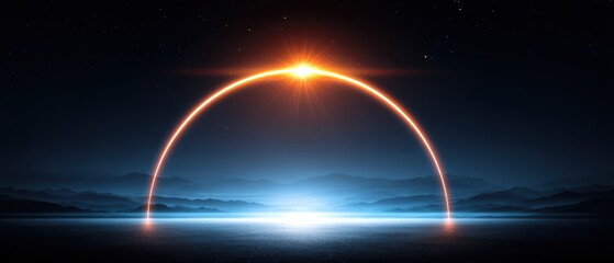 A bright, glowing arc resembling a sunrise or energy ring illuminates a misty landscape with distant mountains under a starry night sky.