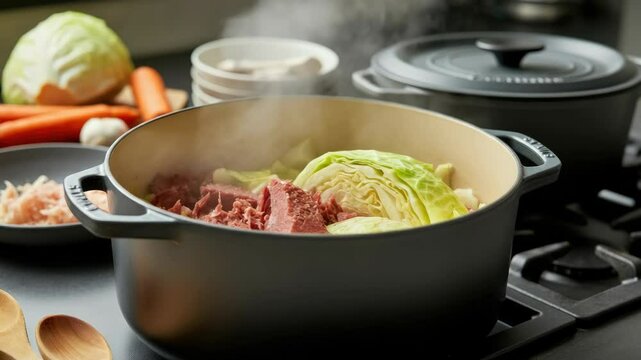 Cooking corned beef and cabbage in pot on stove, surrounded by other ingredients