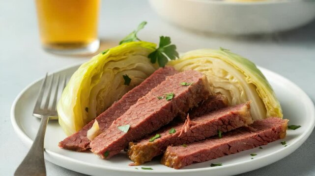Sliced corned beef and cabbage on plate, with glass of beer in background