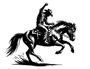 Naklejka premium Rodeo cowboy riding bucking horse in dynamic black and white illustration