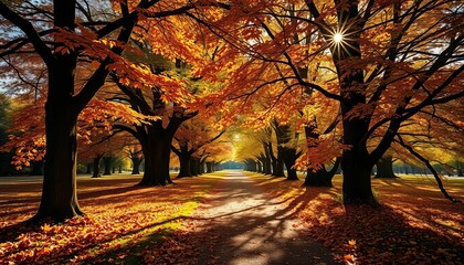 Sun-dappled path, vibrant autumn leaves, ancient trees, New Forest,  peaceful,  tranquil