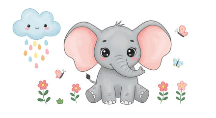 Fototapeta premium Illustration of Cute Elephant with Cloud and Flowers on Transparent