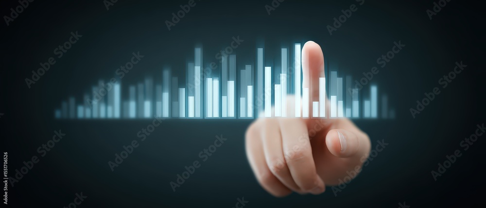 Poster close up of hand touching futuristic digital interface with glowing data visualization and sound wav