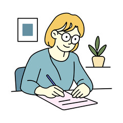 A woman writing at a desk with a potted plant beside her, looking focused, illustrating creativity and planning activities.