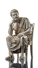Fototapeta premium Marble statue of seated Roman philosopher in thoughtful pose, white background.