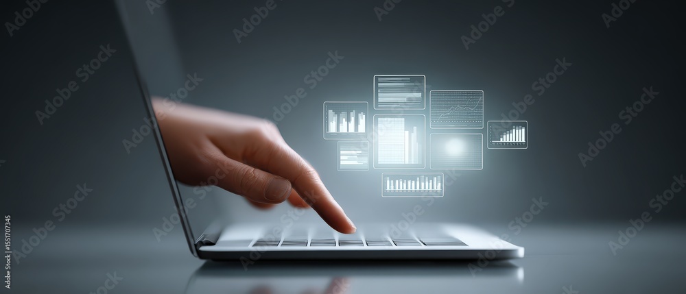 Poster modern digital technology concept with business analytics interface on laptop screen showcasing data