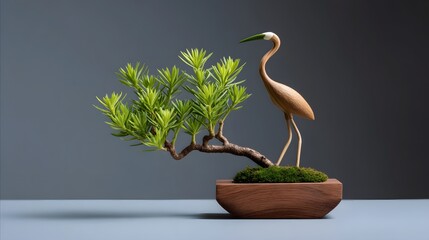 Miniature bonsai with a heron sculpture amidst the greenery.