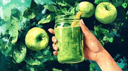 Green Goodness: A refreshing green smoothie surrounded by lush green leaves and apples.