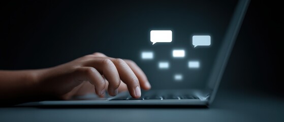 Close-up of a person's hand typing on a laptop keyboard with digital chat icons floating above, symbolizing online communication, messaging, and internet technology