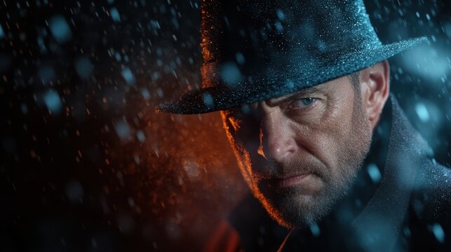 A brooding man wearing a fedora stands under falling rain, conveying a sense of mystery and intrigue in a dramatic, cinematic setting highlighted by vibrant lights.