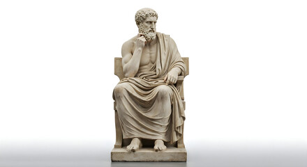 Fototapeta premium Marble statue of seated Roman philosopher in thoughtful pose, white background.