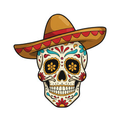 Illustration Of A Mexican Sugar Skull In Sombrero Hat For Day Of Dead