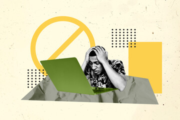 Trendy poster art collage of puzzled businessman sit broke laptop banned forbidden symbol...