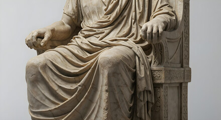 Close-up of detailed ancient Roman philosopher statue on ornate throne.