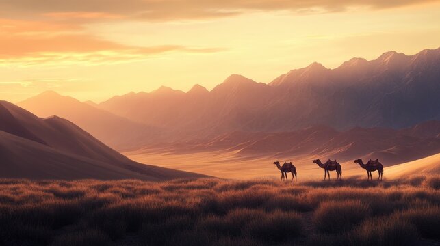 Windy desert illustration with rough mountains and camels far away.