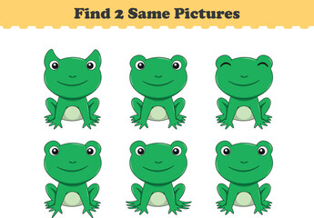 Funny cartoon frog. Find two same pictures. Educational game for children. Cartoon vector illustration
