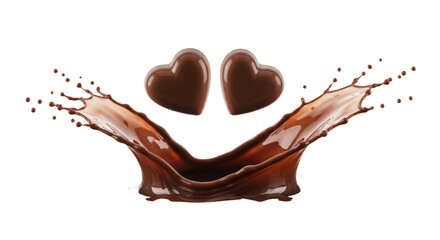 Obraz premium Romantic chocolate hearts splashing, perfect for Valentine's Day, anniversaries, dessert promotions, candy packaging, or love-themed culinary content, isolated on white & transparent background.