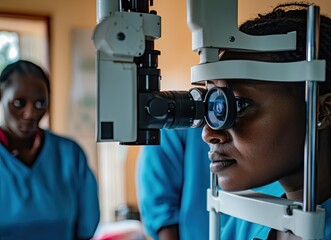 Woman undergoing eye exam with a slit lamp, another person assisting.