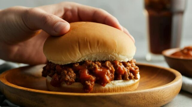 Close-up of hand holding sloppy joe sandwich on wooden plate with drink in background